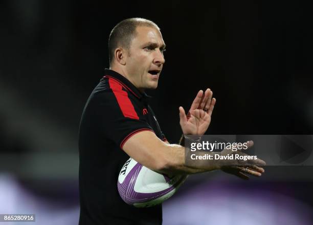Pierre Mignoni, head coach of Lyon, looks on during the European Rugby Challenge Cup match between Lyon and Sale Sharks at Matmut Stade de Gerland on...