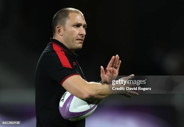 Pierre Mignoni, head coach of Lyon, looks on during the European Rugby Challenge Cup match between Lyon and Sale Sharks at Matmut Stade de Gerland on...