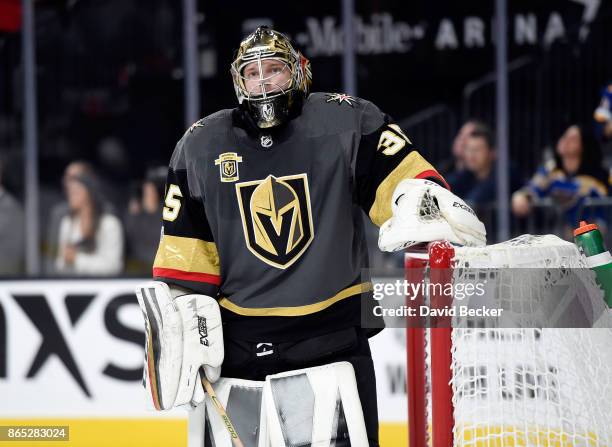 Goalie Oscar Dansk of the Vegas Golden Knights looks on against the St. Louis Blues at T-Mobile Arena on October 21, 2017 in Las Vegas, Nevada. The...