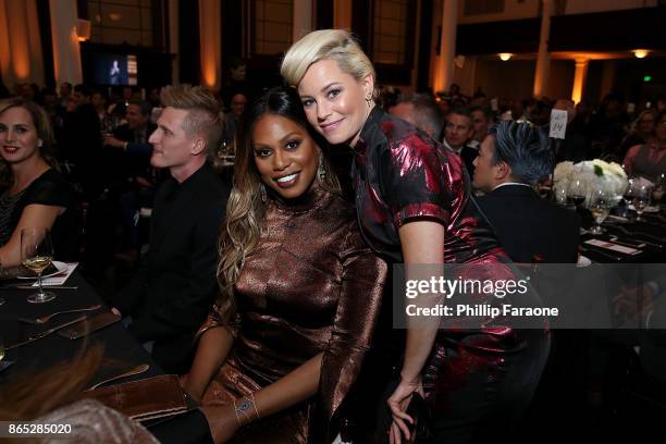 Laverne Cox and Elizabeth Banks at the 13th Annual Outfest Legacy Awards at Vibiana on October 22, 2017 in Los Angeles, California.