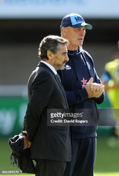 Mohed Altrad, the Montpellier owner looks on with head coach Vern Cotter during the European Rugby Champions Cup match between Montpellier and Exeter...