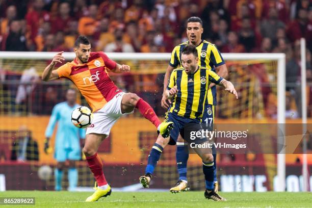 Younes Belhanda of Galatasaray SK, Mathieu Valbuena of Fenerbahce SK during the Turkish Spor Toto Super Lig football match between Galatasaray SK and...