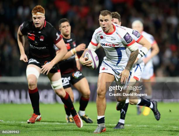 Mark Jennings of Sale breaks with the ball during the European Rugby Challenge Cup match between Lyon and Sale Sharks at Matmut Stade de Gerland on...