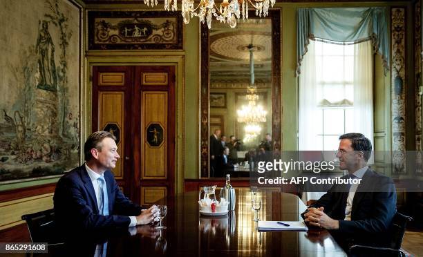 Dutch Prime minister Mark Rutte meets future minister of Foreign Affairs Halbe Zijlstra from the VVD party at the Stadhouderskamer in The Hague on...