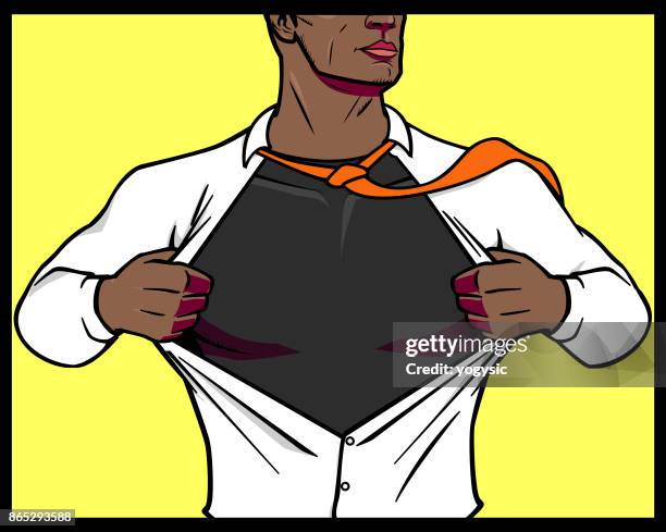 ilustraciones, imágenes clip art, dibujos animados e iconos de stock de vector hombre afroamericano se transforma en superhéroe - open collar