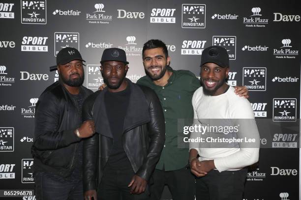 Cheeky Sport Dave and Adam Makola with their friends during the Hayemaker Ringstar Fight Night at O2 Indigo on October 20, 2017 in London, England.