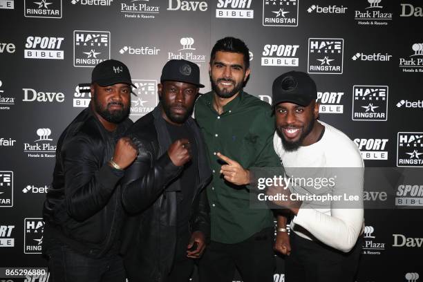 Cheeky Sport Dave and Adam Makola with their friends during the Hayemaker Ringstar Fight Night at O2 Indigo on October 20, 2017 in London, England.