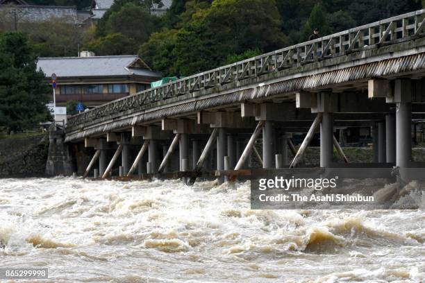 Swallen Katsuragwa River is seen near Togetsukyo Bridge after powerful Typhoon Lan hit past on October 23, 2017 in Kyoto, Japan. Powerful Typhoon Lan...