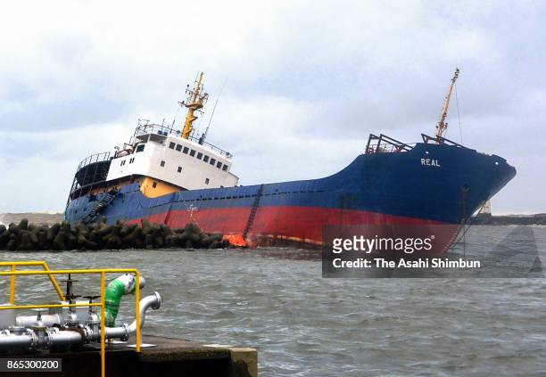 Freighter is washed ashore as Typhoon Lan hit past Japan on October 23, 2017 in Toyama, Japan. Powerful Typhoon Lan left at least two people dead as...