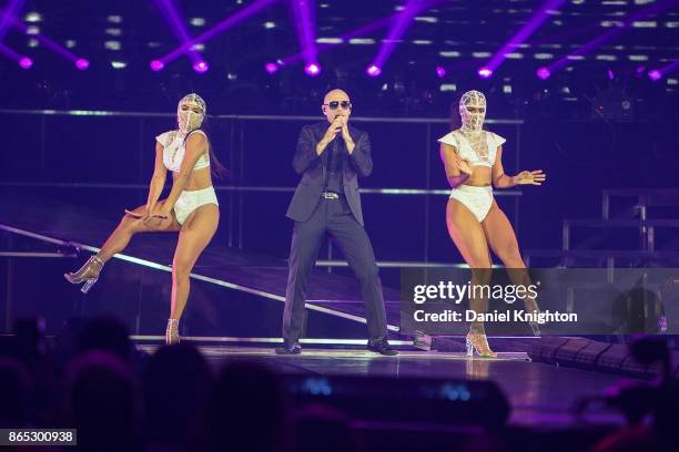 Recording artist Pitbull performs on stage at Valley View Casino Center on October 22, 2017 in San Diego, California.