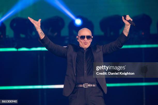 Recording artist Pitbull performs on stage at Valley View Casino Center on October 22, 2017 in San Diego, California.