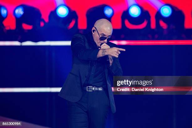 Recording artist Pitbull performs on stage at Valley View Casino Center on October 22, 2017 in San Diego, California.