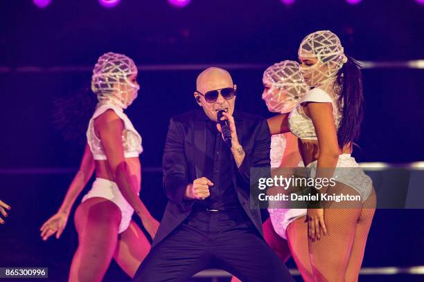 Recording artist Pitbull performs on stage at Valley View Casino Center on October 22, 2017 in San Diego, California.