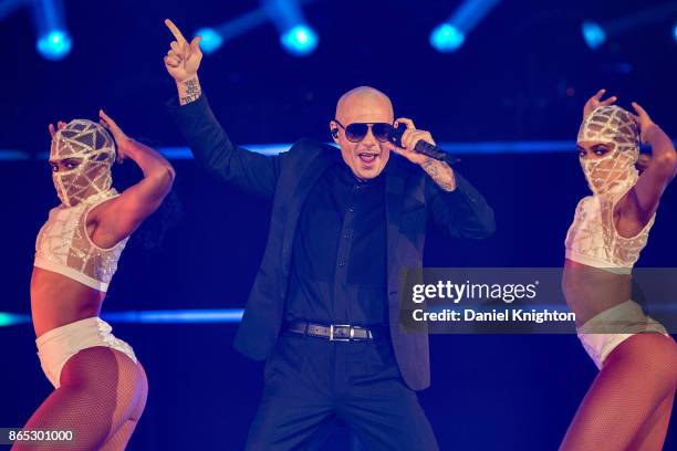 Recording artist Pitbull performs on stage at Valley View Casino Center on October 22, 2017 in San Diego, California.