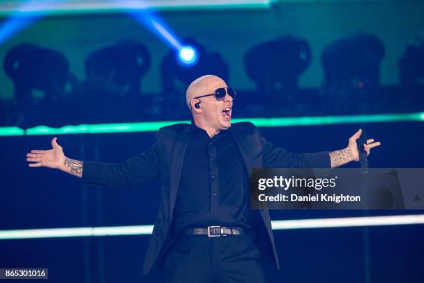 Recording artist Pitbull performs on stage at Valley View Casino Center on October 22, 2017 in San Diego, California.