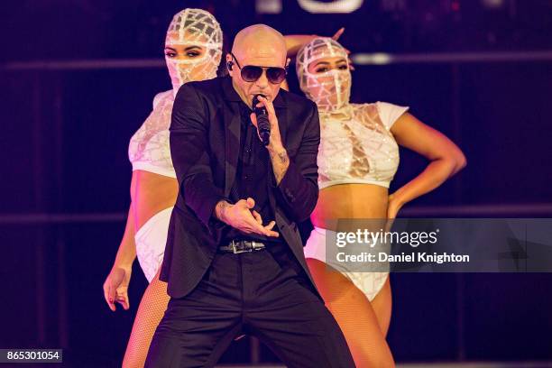 Recording artist Pitbull performs on stage at Valley View Casino Center on October 22, 2017 in San Diego, California.