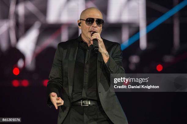 Recording artist Pitbull performs on stage at Valley View Casino Center on October 22, 2017 in San Diego, California.