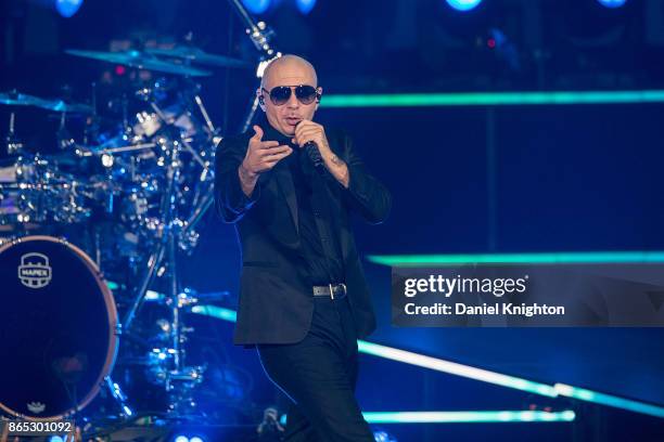 Recording artist Pitbull performs on stage at Valley View Casino Center on October 22, 2017 in San Diego, California.