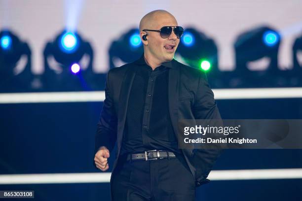 Recording artist Pitbull performs on stage at Valley View Casino Center on October 22, 2017 in San Diego, California.