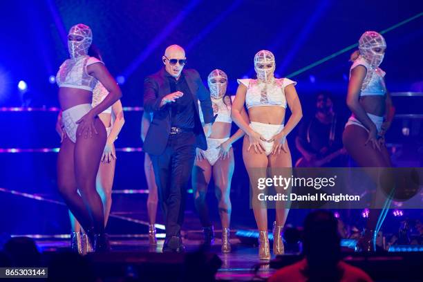 Recording artist Pitbull performs on stage at Valley View Casino Center on October 22, 2017 in San Diego, California.