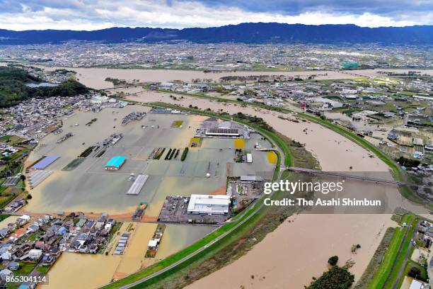 In this aerial image, inundated area after Typhoon Lan hit past Japan is seen on October 23, 2017 in Kinokawa, Wakayama, Japan. Powerful Typhoon Lan...