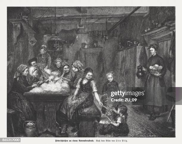splicing of goose feathers, traditional women work on a farm, germany - goose down feather stock illustrations