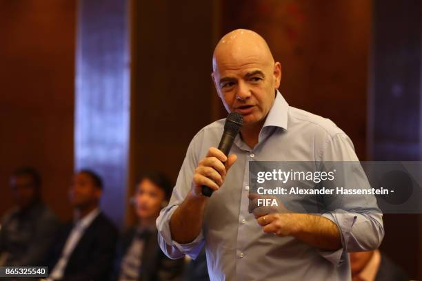 President Gianni Infantino speaks during the 3rd FIFA Legends Think Tank Meeting prior to The Best FIFA Football Awards at The May Fair Hotel on...