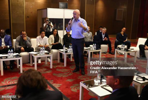 President Gianni Infantino speaks during the 3rd FIFA Legends Think Tank Meeting prior to The Best FIFA Football Awards at The May Fair Hotel on...