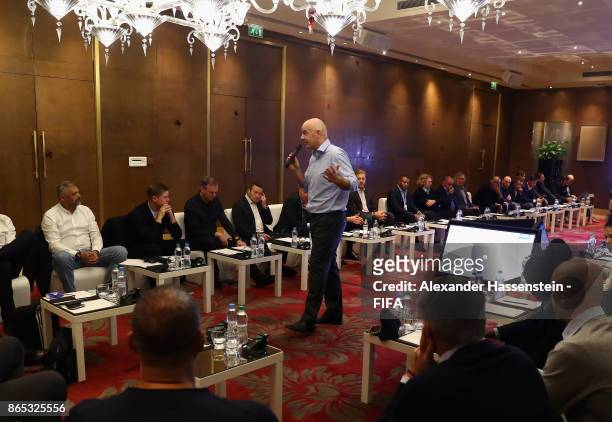 President Gianni Infantino speaks during the 3rd FIFA Legends Think Tank Meeting prior to The Best FIFA Football Awards at The May Fair Hotel on...