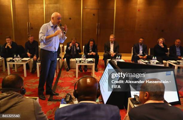 President Gianni Infantino speaks during the 3rd FIFA Legends Think Tank Meeting prior to The Best FIFA Football Awards at The May Fair Hotel on...