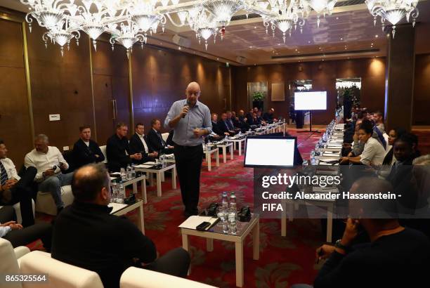 President Gianni Infantino speaks during the 3rd FIFA Legends Think Tank Meeting prior to The Best FIFA Football Awards at The May Fair Hotel on...