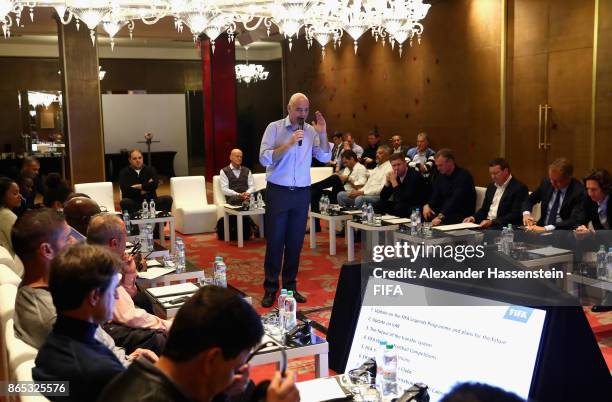 President Gianni Infantino speaks during the 3rd FIFA Legends Think Tank Meeting prior to The Best FIFA Football Awards at The May Fair Hotel on...