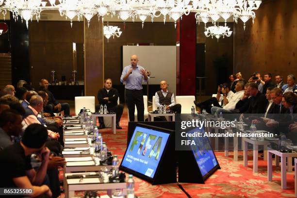 President Gianni Infantino speaks during the 3rd FIFA Legends Think Tank Meeting prior to The Best FIFA Football Awards at The May Fair Hotel on...