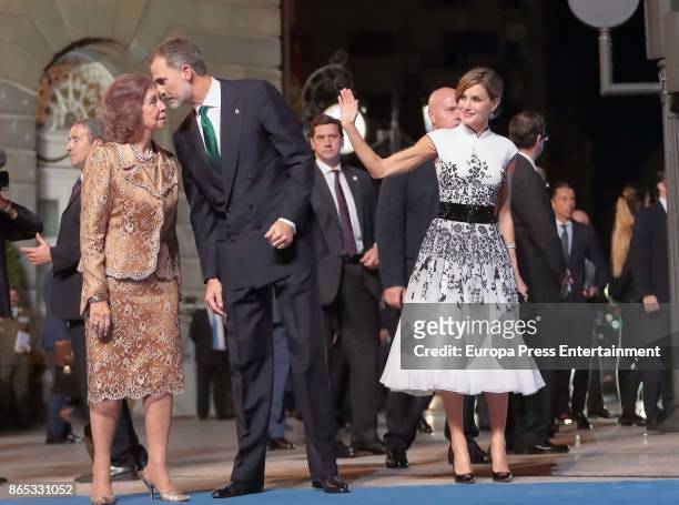 Queen Sofía of Spain, King Felipe VI of Spain and Queen Letizia of Spain attend the Princesa de Asturias Awards 2017 ceremony at the Campoamor...