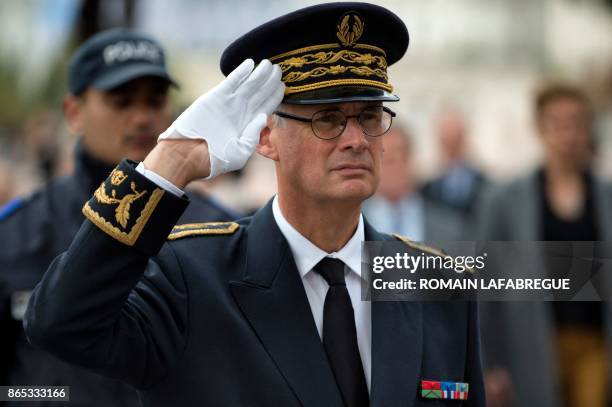 Newly appointed Prefect of Auvergne-Rhone-Alpes Stephane Bouillon attends a ceremony for victims of war at the War Memorial on the Ile du Souvenir in...