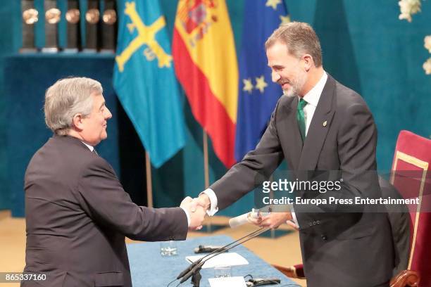 President of the European Parliament Antonio Tajani receives the Princesa de Asturias Awards 2017 for Concord 2017 from the hands of King Felipe of...