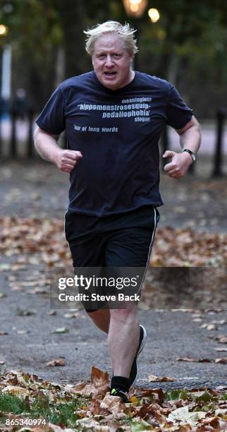 British Foriegn Secretary Boris Johnson is seen jogging in Westminster on October 23, 2017 in London, England.