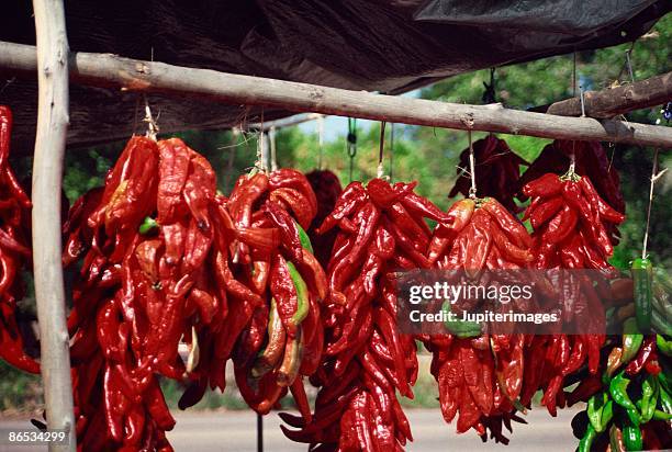 bunches of chili peppers hanging - en chapelet photos et images de collection