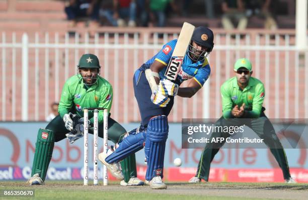 Thisara Perera of Sri Lanka plays a shot during the fifth one day international cricket match between Sri Lanka and Pakistan at Sharjah Cricket...