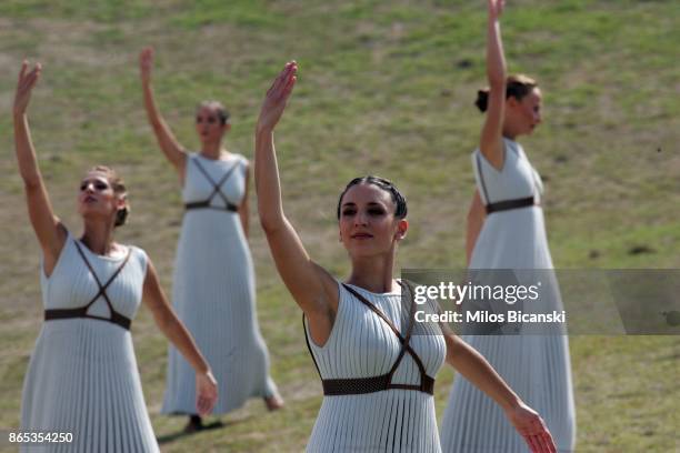 High priestess perform at the Temple of Hera during a dressed rehearsal of the lighting ceremony of the Olympic flame in ancient Olympia on October...