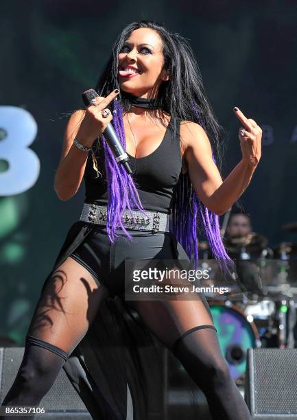 Carla Harvey of Butcher Babies performs on Day 2 of Monster Energy Aftershock Festival 2017 at Discovery Park on October 22, 2017 in Sacramento,...