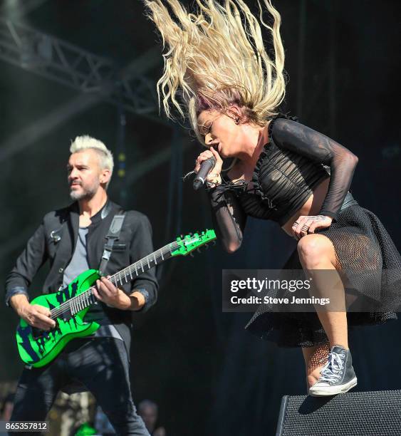 Heidi Shepherd and Henry Flury of Butcher Babies perform on Day 2 of Monster Energy Aftershock Festival 2017 at Discovery Park on October 22, 2017 in...