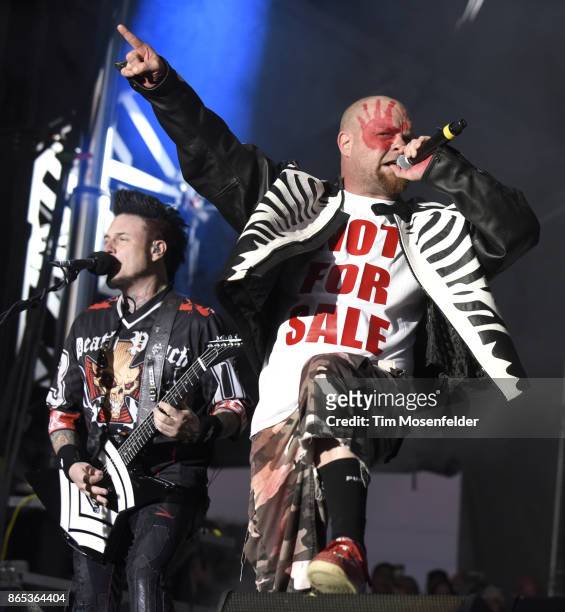 Jason Hook and Ivan L. Moody of Five Finger Death Punch perform during the Monster Energy Aftershock Festival at Discovery Park on October 22, 2017...