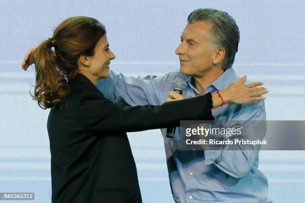 Mauricio Macri, President of Argentina celebrates with his wife Juliana Awada after the Parliament elections at Bunker of Cambiemos in Costa Salguero...
