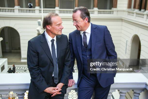 German Actor Edgar Selge and German Actor Matthias Brandt attend the 'Unterwerfung - Submission' Set Photocall at TU Berlin on October 23, 2017 in...