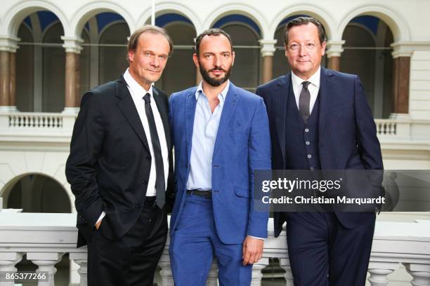 German Actor Edgar Selge and German Actor Matthias Brandt attend the 'Unterwerfung - Submission' Set Photocall at TU Berlin on October 23, 2017 in...