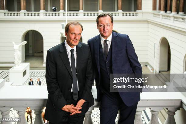 German Actor Edgar Selge and German Actor Matthias Brandt attend the 'Unterwerfung - Submission' Set Photocall at TU Berlin on October 23, 2017 in...