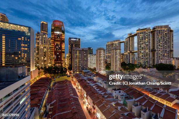 chinatown and tanjong pagar at dusk - jonathan chiang stock pictures, royalty-free photos & images