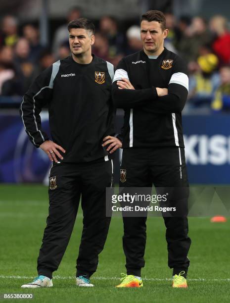 Mark Hopley, the Northampton defence coach with assistant coach Phil Dowson during the European Rugby Champions Cup match between ASM Clermont...