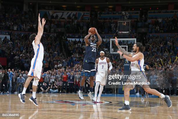 Andrew Wiggins of the Minnesota Timberwolves shoots the winning shot during the game against the Oklahoma City Thunder on October 22, 2017 at...